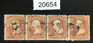 MOMEN: US STAMPS # 94 F-GRILL STRIP OF 4 USED $55 LOT # 20654