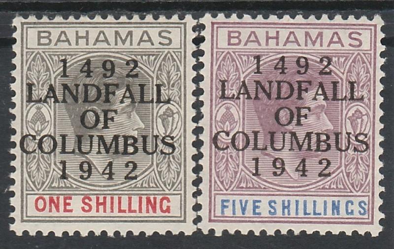 BAHAMAS 1942 KGVI COLUMBUS 450 YEARS 1/- AND 5/- MNH **