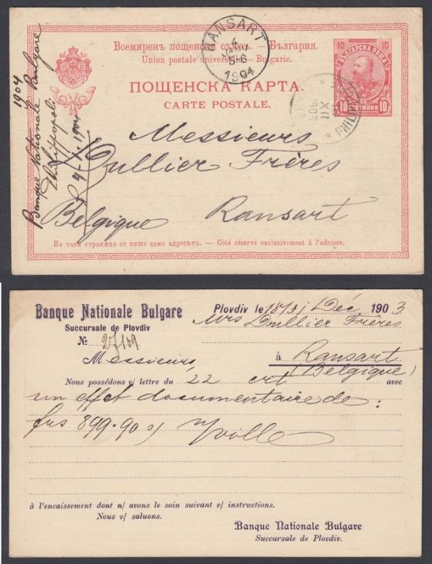 Bulgaria 1874 Postal History Rare, Postcard, to Belgium RANSART via PHILIPOPP...