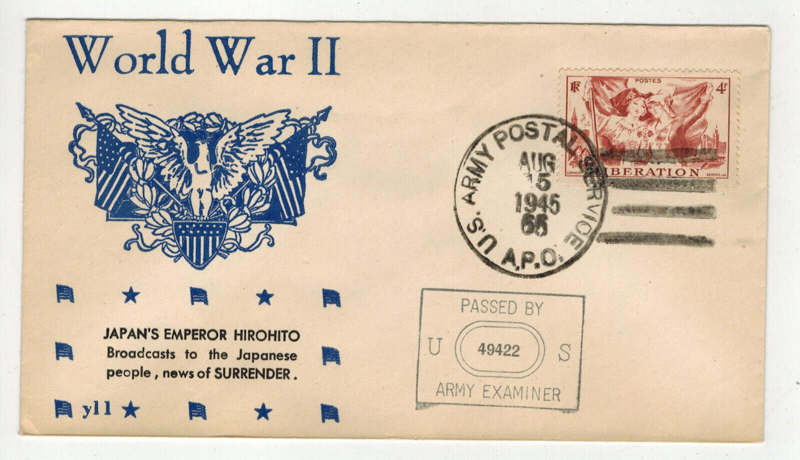 WW2 Patriotic 8/15/1945 JAPAN EMPEROR HIROHITO SURRENDERS Yudkin Cachet