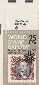 US 2410 World Philatelic Expo '89 25c zip single UL MNH 1989