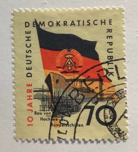 Germany DDR 1959 Scott 464 used - 70pf,  DDR' 10th Anniv, Flag & shipyard