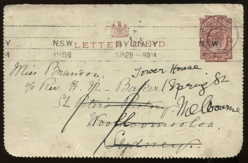 New Zealand KEVII 1909 1d part letter card to Australia