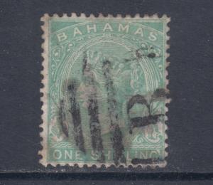 Bahamas Sc 22 used 1882 1sh green Queen Victoria, greasy cancel, sound