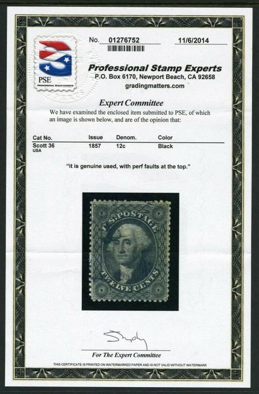 #36 12c Washington  with PSE CERTIFICATE - cv$350.00