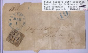 US 15L8 D.O. Blood & Co. City Despatch on cover, tied by blue Baltimore cancel