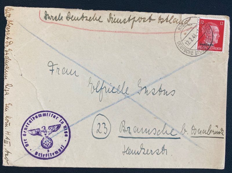 1944 Riga Latvia Ostland Germany Diesntpost cover To Braunschweig