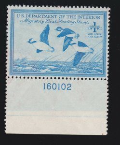 US RW15 $1 Federal Duck Stamp Mint Plate #160102 Single VF OG NH SCV $60