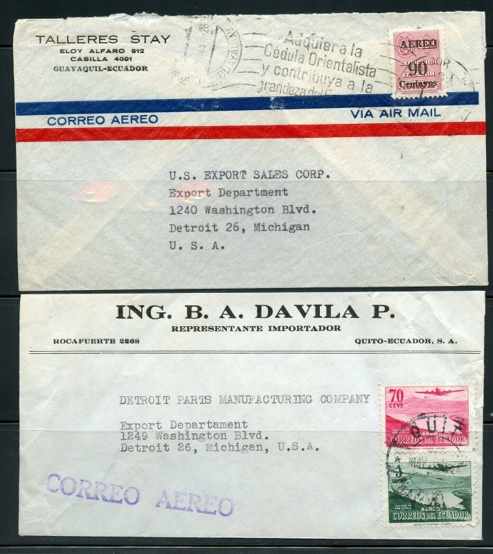 ECUADOR LOT OF 19 COMMERCIAL AIR MAILS COVERS MOSTLY 1950'S  AS SHOWN