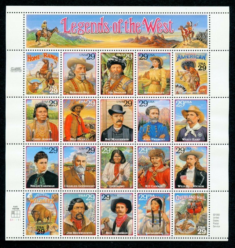 US Scott 2869 29c Legends of the West  Mint NH pane of 20