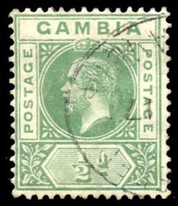 Gambia 1916 KGV ½d pale green showing the SPLIT A variety VFU. SG 86c.