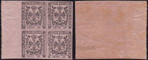 1852 MODENA, n . 2 10 cent. pink FOUR BLOCK EDGE OF SHEET MNH / ** Cert. Bolaff