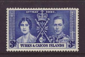 1937 Turks & Caicos 3d Coronation Stamp Mint