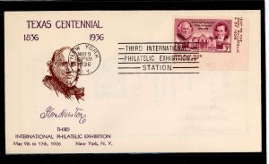 US 778d 1936 3c Texas centennial imperf from the Farley S/S of 4 on an addressed(erased) FDC with a NYC TIPEX cancel and a Texas