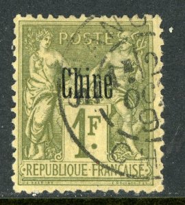 China 1884 French Offices 1 Franc Olive Green Chan FF14 VFU  C11 ⭐⭐⭐⭐