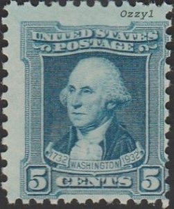US #710 1932 5c Blue Washington Bicentennial Issue UNUSED-VG-F-DOG-LHM.