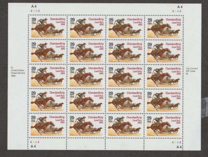 U.S. Scott #2754 Cherokee Strip Stamps - A4-4444 Plate - Mint NH Sheet