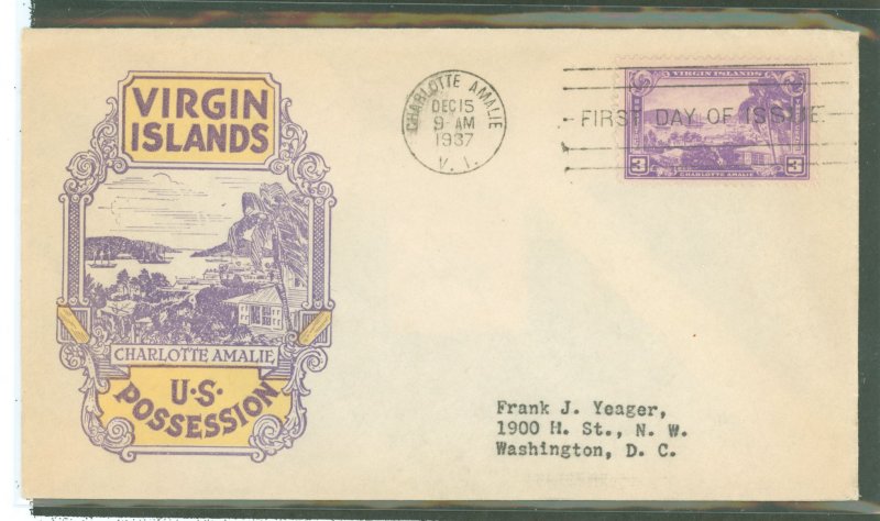 US 802 1937 3c Virgin Islands (part of the US Possession series) on an addressed FDC with a Hobby Cover Service cachet