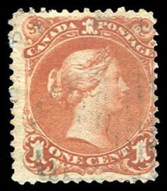 Canada #22 Cat$160, 1868 1c brown red, used