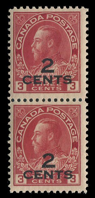 Canada #140 Cat$135, 1926 2c on 3c carmine, vertical pair, never hinged