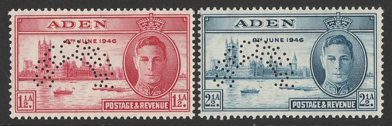 ADEN : 1946 KGVI Victory set 1½a & 2½a, perf SPECIMEN.