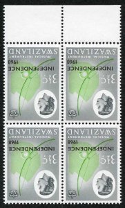 SWAZILAND SG147w 1968 Independence 3 1/2c variety WMK INVERTED Block of Four U/M