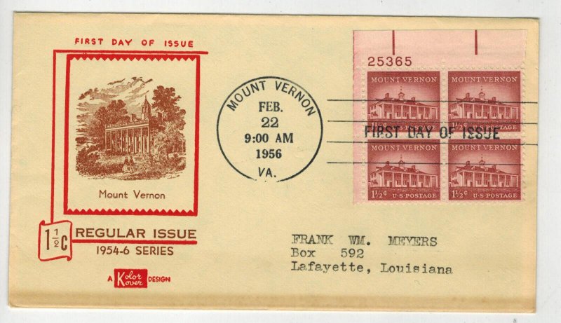 LIBERTY SERIES KOLOR KOVER PLATE # BLOCK FDC 1032 MOUNT VERNON VIRGINIA