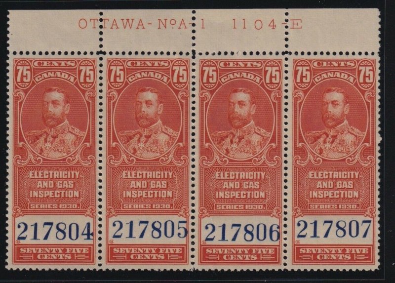 Canada VD #FEG3 (1930) 75c King George V Electricity Revenue Plate Block VF NH 