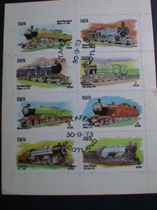 STAFFA STAMP-1974- COLORFUL WORLD FAMOUS TRAINS CTO S/S SHEET VERY FINE