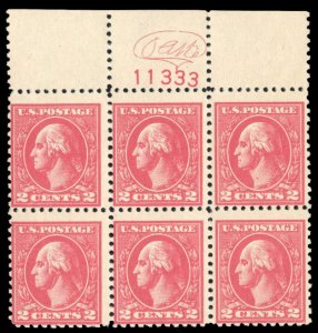 United States, 1910-30 #528 Cat$200, 1920 2c carmine, plate block of six with...