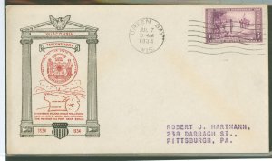 US 739 1934 3c Wisconsin Territory Tercentenary (single) on an addressed (stencil) first day cover with a J.A. Roy cachet.