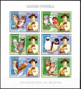 Congo 2006 Birds Owls Scouting Baden Powell Sheet Imperf.  MNH**