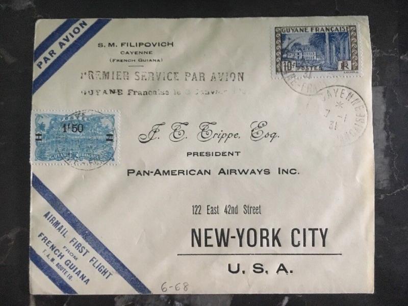 1929 French Guiana First Flight Cover FFC To New York Usa Flown By Lindbergh