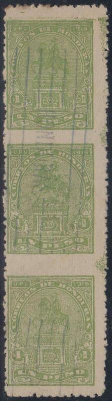 HONDURAS 1919 MORAZAN Sc 193 TOP VALUE STRIPx3 HORIZONTALLY IMPERF USED SCARCE! 