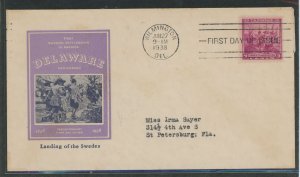 US 836 1938 3c Delaware/Tercentenary of Founding on addressed FDC with an Ioor Cachet