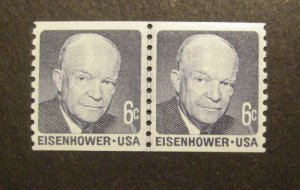 Scott 1401, 6 cent Eisenhower, Line Pair, Shiny Gum, MNH Coil Beauty