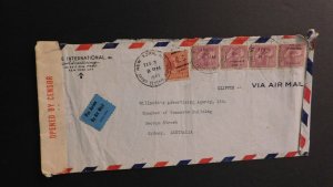 1941 Airmail Cover From New York NY to Sydney Australia Opened by Censor