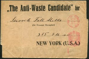 1922 Weimar Germany Berlin to NYC USA Political Slogan Meter Postage Wrapper