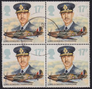 GB - 1985 - Scott #1101 - used block of 4 - Lord Dowding Military Airplane