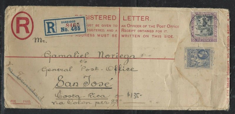 BARBADOS COVER (P1604B) 1921 KGV 2D RLE+NELSON 6D ON REG COVER TO COSTA RICA B/S