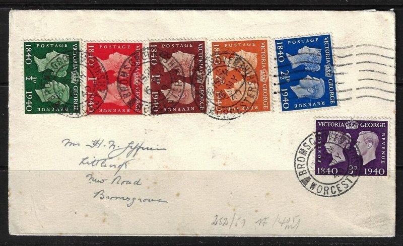 UK GB 1940 CETENARY OF FIRST ADHESIVE SET OF SIX FDC