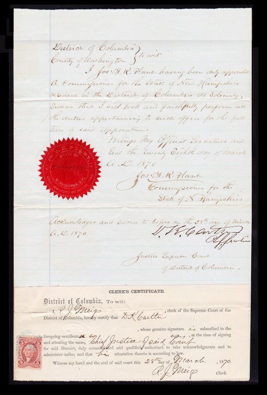 1870 JOSEPH T. K. PLANT - OATH COMMISSIONER OF DEEDS FOR NH IN WASHINGTON DC