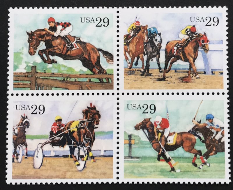 USA #2764a MNH block of 4, sporting horses, issued 1993