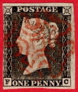 GBR SC #1 U (F,C) 1840 Queen Victoria w/red MC cancel 3 margins CV $370.00