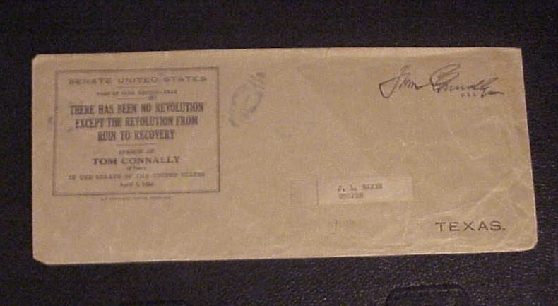 1934 US SENATE OFFICIAL COVER FROM TEXAS SENATOR TOM CONNALLY TO J. L. BAKER