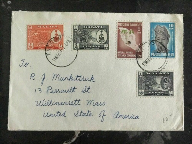 1951 Eggor Perak Malaya Mixed Franking Cover To Willimansett Ma Usa