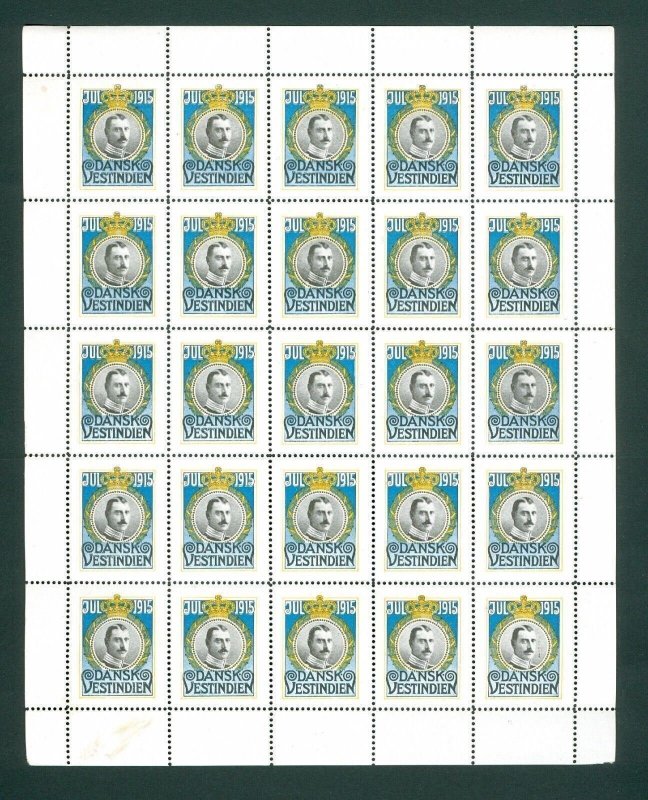 DWI. Danish West Indies. 1915  Christmas Seal  Full Sheet, MNH. King Christian X 