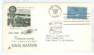 US 1185 1961 Naval Aviation 50th anniversary, typed address, corner crease.