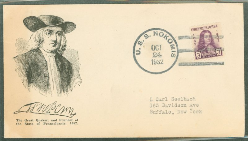 US 724 (1932) 3c William Penn, founder of the commonwealth of Pennsylvania (single) on an addressed(typed) First Day cover with