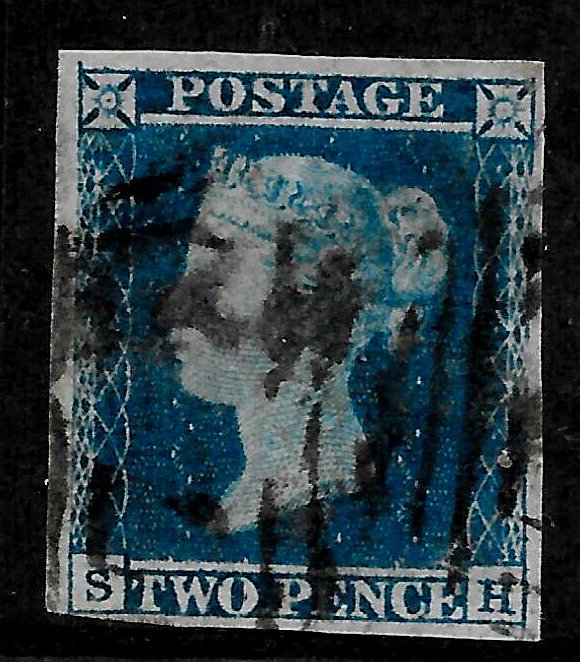 GB QV 1841, 2d Deep Full BLUE, PLATE 4, SG14-E1(3) (SH) VG USED, 4 MARGINS